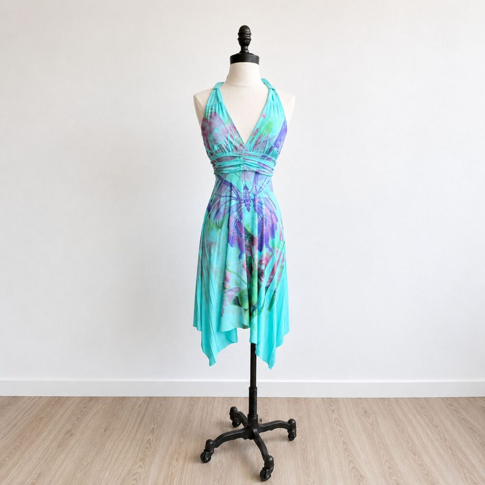 Y2K Fairycore Halter Dress Medium Aqua Purple Floral Handkerchief Hem Made USA
